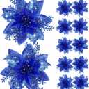 Canlierr 12 Pieces 5.7 Inch Christmas Poinsettia Flower Christmas Glitter Artificial Flower with Clips Xmas Tree Ornament for Wreath Garland Party Decor (Royal Blue)