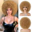 70s Afro Wig for Black Women Blonde Afro Kinky Curly Wig With Bangs Bouncy and Fluffy Heat Synthetic Short Afro Puff Wigs for Daily Party Costume Cosplay HalloweenBlonde,10inch