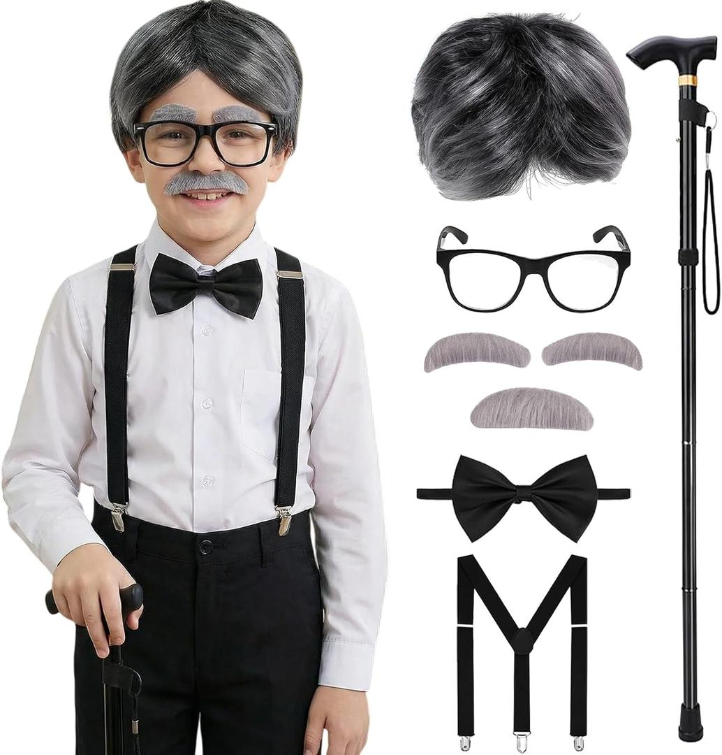 Santoy Old Man Wig Costume for Kids - 100 Days of School Dress-Up with Grandpa, Perfect for Halloween Cosplay and Fun for Adults and Boys