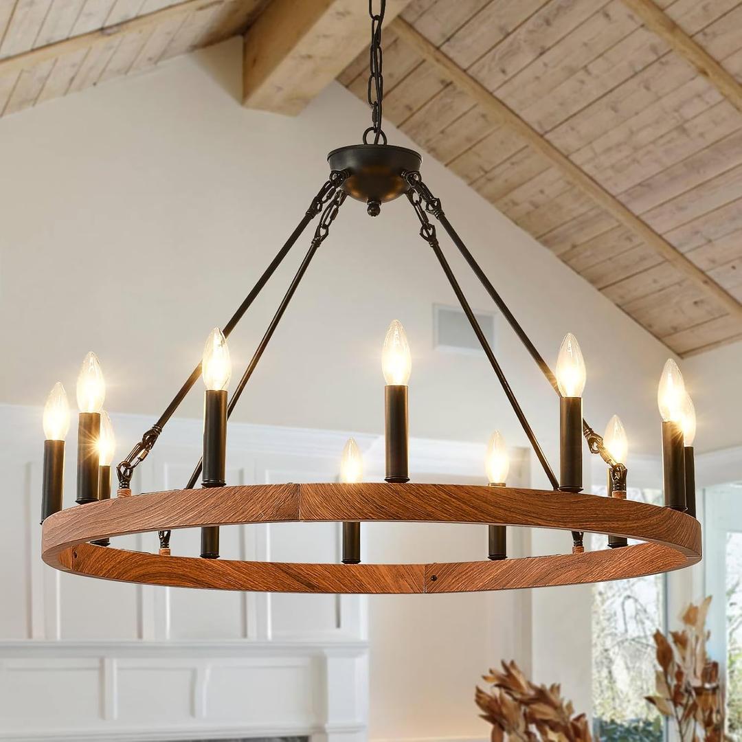 Wagon Wheel Chandelier 32" with Wood Grain Finish, 12-Light Farmhouse Dining Room Light Fixture, Modern Round Iron High Ceiling Chandeliers for Living Room, Foyer, Entryway, E12