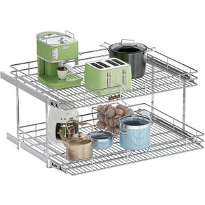 2-Tier Pull Out Cabinet Organizer, 30" W x 21.5" D, Heavy Duty Dual Slide Out Shelves for Wide Base Cabinets, Chrome Wire Basket Drawer for Pots, Pans, Pantry & Cleaning Supplies