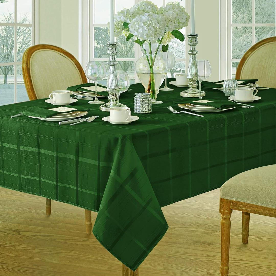 Newbridge 52 x 70 Inch Rectangle Fabric Tablecloth, Elegance Plaid, 100% Polyester, No Iron Soil Resistant Dining Room, Party and Banquet Table Cover, Solid Textured, Hunter Green