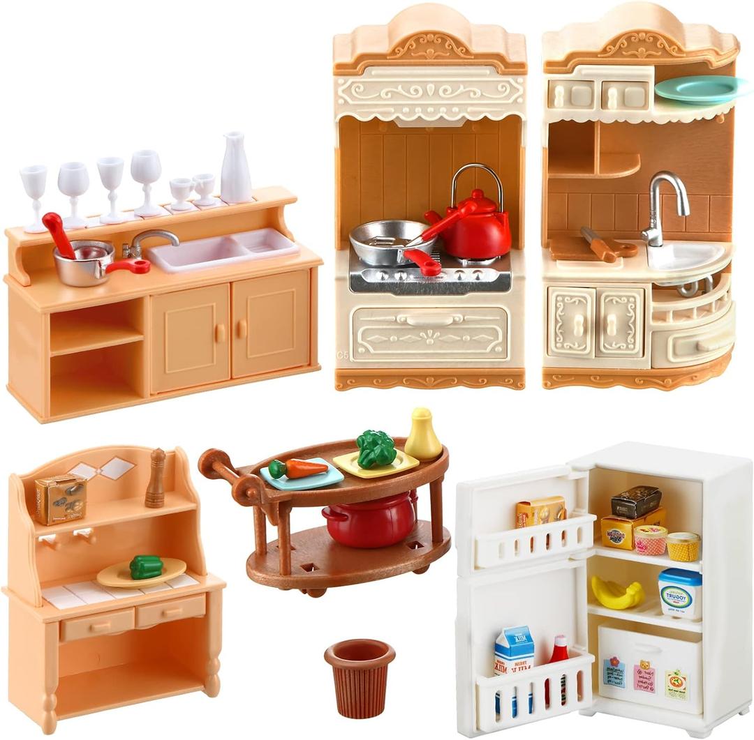43 Pcs Dollhouse Furniture Kitchen Play Set Miniature Refrigerator with Mini Food Pots and Pans Set Pretend Kitchen Accessories Toys
