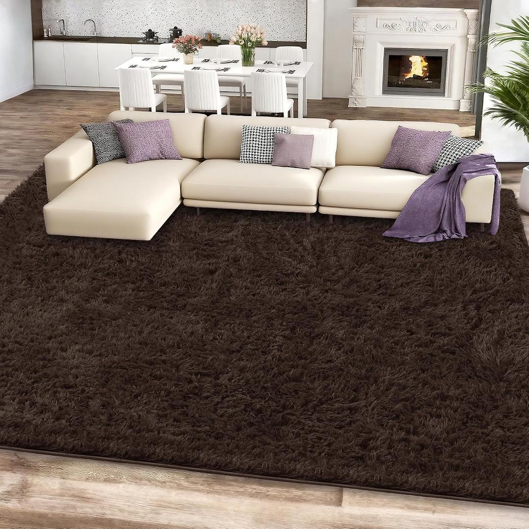 8x10 Brown Area Rugs for Living Room, Large Fluffy Shag Rug for Bedroom Nursery, Ultra Soft Comfy, Big Fuzzy Shaggy Plush Carpet for Kids Boys Girls Teen Indoor Home Decor, Upgrade Non-Slip