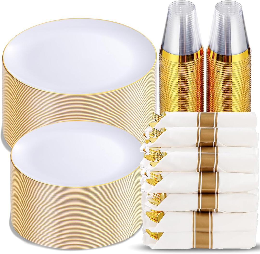 KIRE 350 PCS White and Gold Plates Disposable - Elegant Dinnerware Set of 50 Guest, White Plastic Plates With Gold Rim, Pre Rolled Napkins with Silverware & Cups for Party/Wedding/Mother's Day