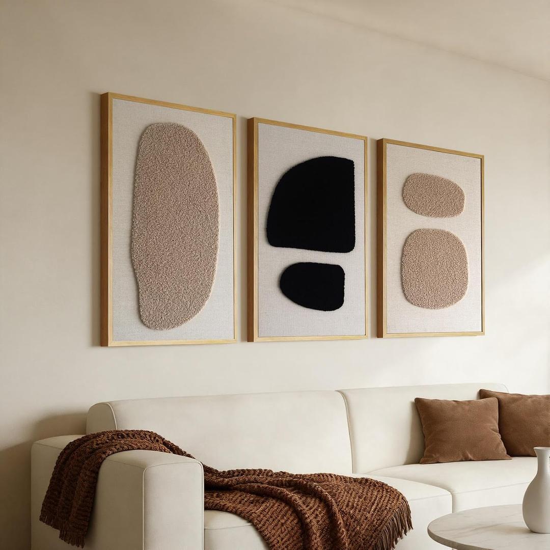 3D Textured Wall Art Bedroom, Set of 3 Abstract Geometric Minimalist Picture, Framed Linen Canvas Artwork for Living Room Office, 16" x 24", Soft Cream Lambswool