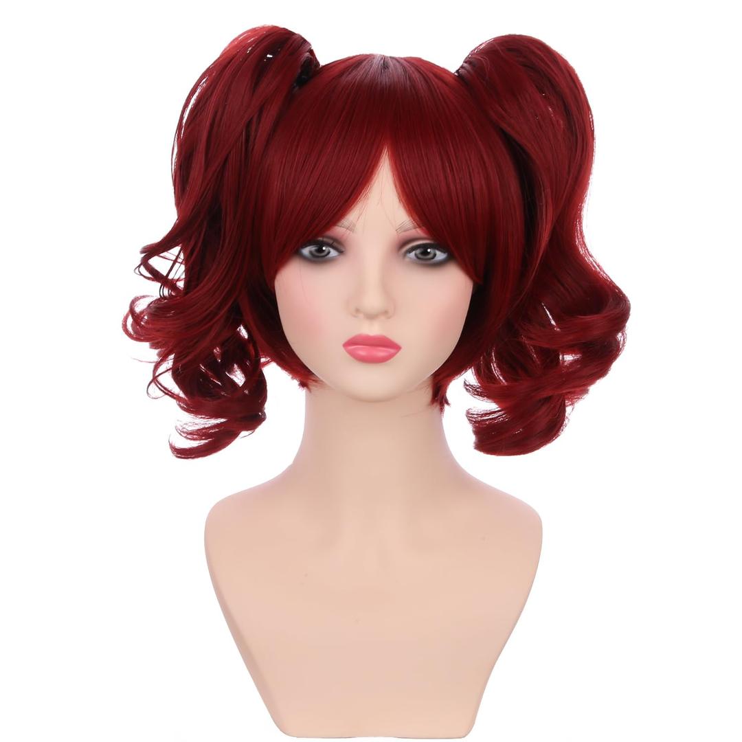 Red Wig for Kids Girls Short Red Wig with Bangs Child Dark Red Ponytails Wig Include 2 Detachable Buns with Clips Synthetic Wig with Wig Cap(Red)
