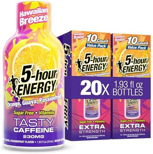 5-hour ENERGY HAWAIIAN BREEZE Flavor, 20 Count, 1.93 Fl Oz Energy Shot, Extra Strength, Amino Acids, B Vitamins, Sugar Free and Zero Calories EXP 01/28