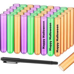 45 Pcs Halloween Plastic Test Tubes Set Green Purple Orange Plastic Shot Tubes for Liquor Candy 16 x 100 mm 13 ml with Black Marker Without Lids for Party Supplies Science Experiments