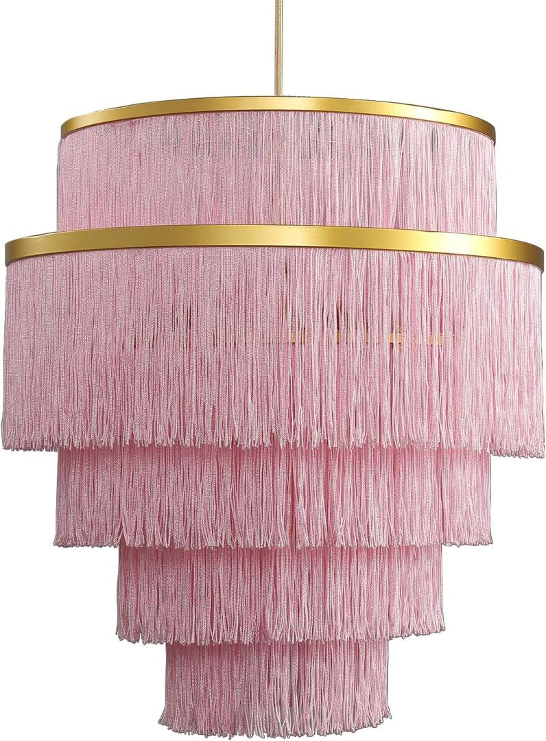5-Tiered Pink Chandelier,3 Lights Boho Fringe Pendant Light Fixture,Tassle Chandelier for entryway,Dining Room,Baby Nursery,Gold and Pink