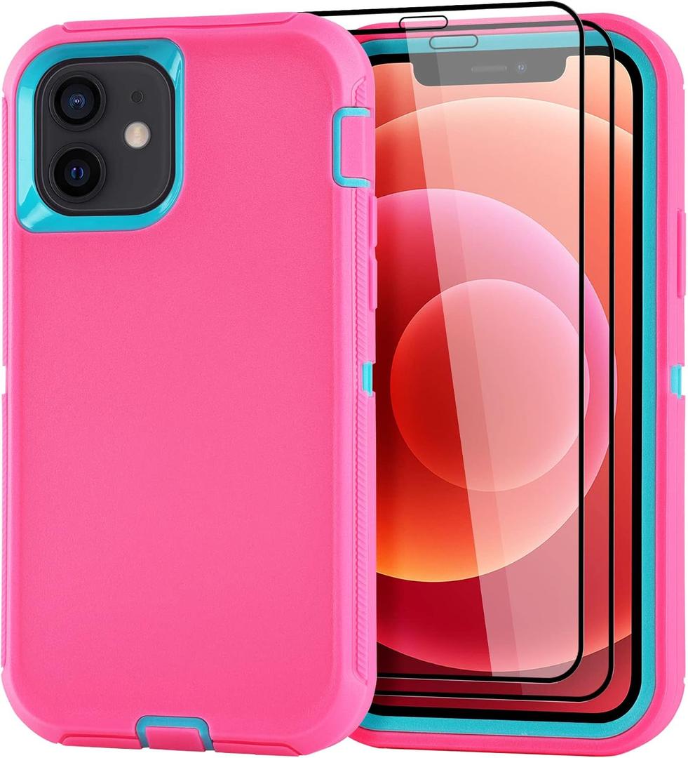 for iPhone 12/for iPhone 12 Pro Case 6.1" with 2 Screen Protector,Full Body Rugged Heavy Duty Military Grade Cover,Shockproof/Drop Proof Protection Phone Case (Pink Blue)