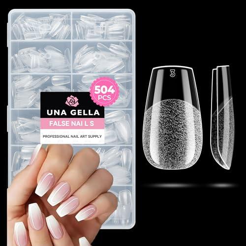 UNA GELLA Short almond Nails Tips, 504pcs No c Curve short Coffin Gel Press On Nails Pre Etched For Women Acrylic Nail Extension Full Cover Home Salon 12 Sizes