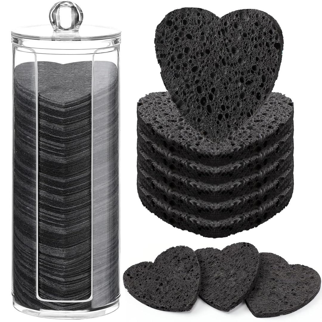 Sieral Compressed Facial Sponges with Container Disposable Face Sponge Pads for Washing Face Cleansing Exfoliating Esthetician Makeup Removal(Heart,Black)