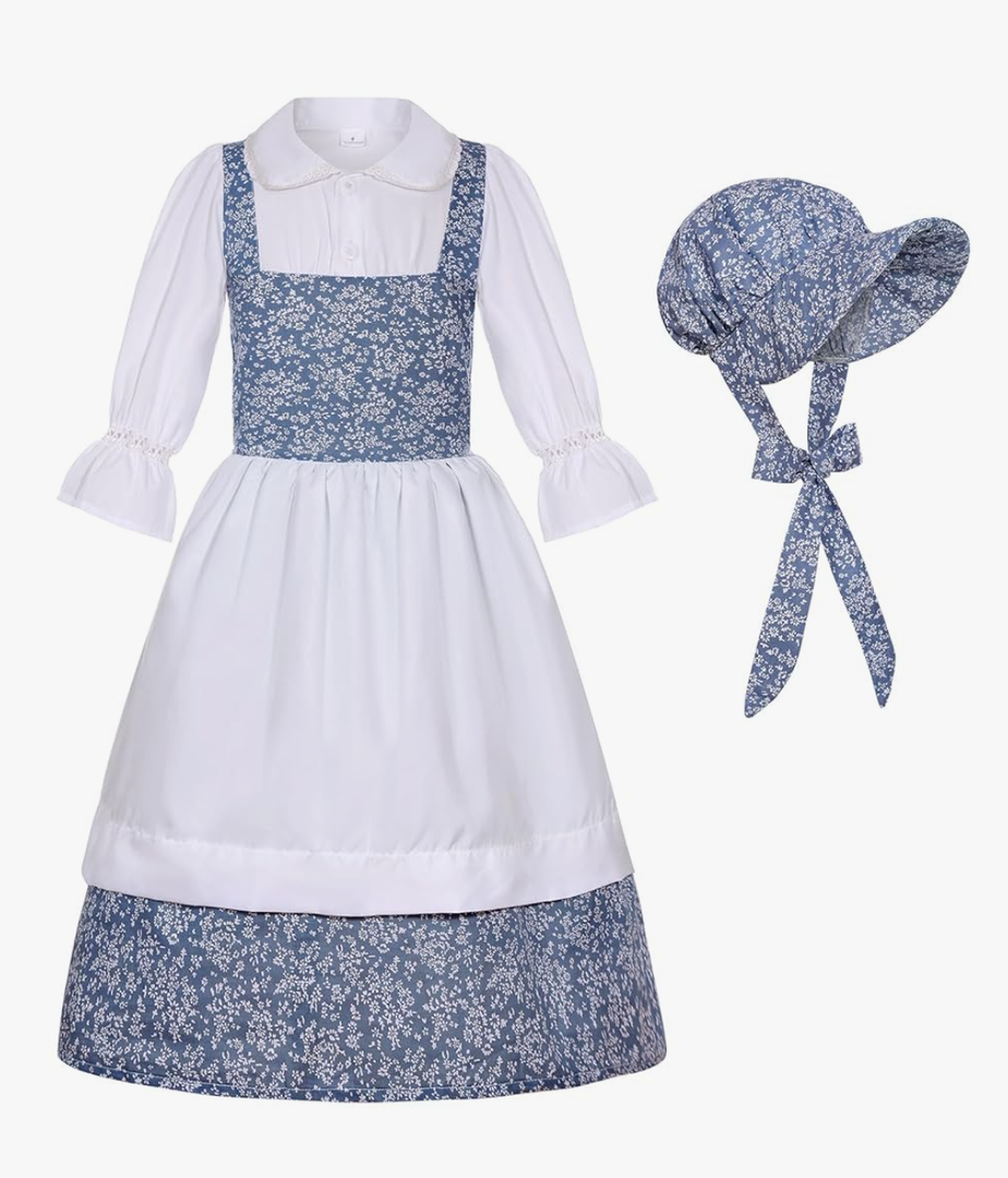 Colonial Costume Girls Pioneer Girl Costume Prairie Dress with Bonnet, Size M
