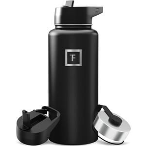 IRON FLASK Camping & Hiking Hydration Flask with Straw, Wide Mouth Insulated Stainless Steel Sports Water Bottle - 32 oz Midnight Black