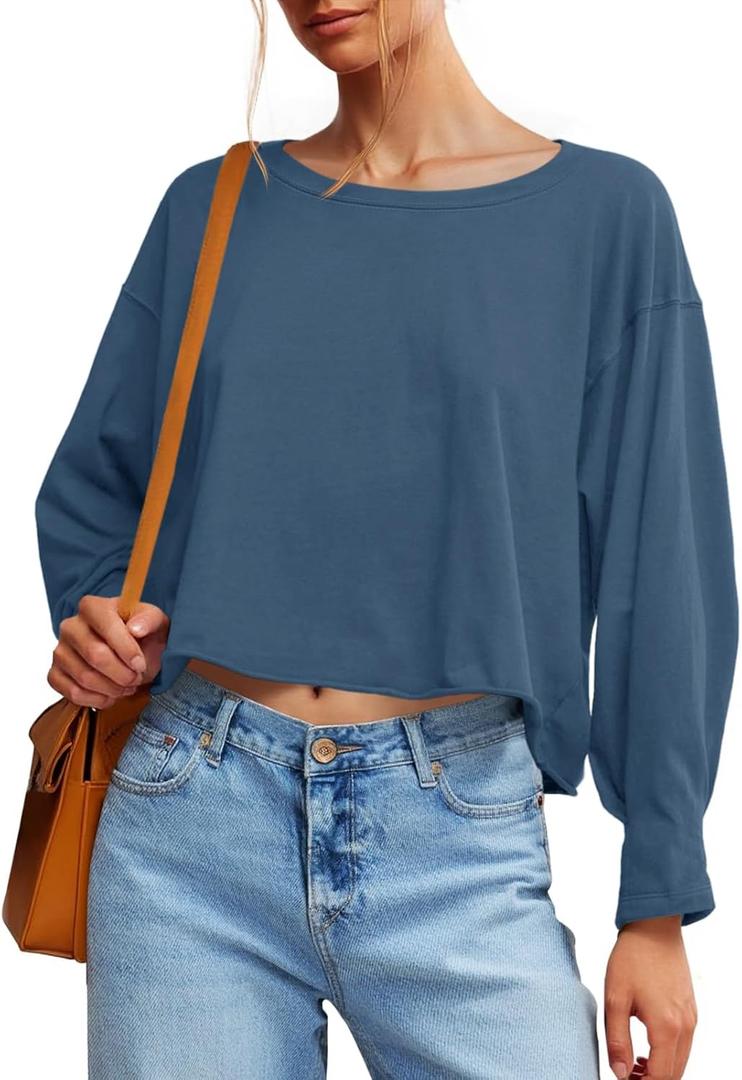 Fisoew Womens Long Sleeve Crop Tops Loose Fit Crew Neck Cropped T Shirts 2025 Casual Workout Tee Shirt Tops, Size Medium