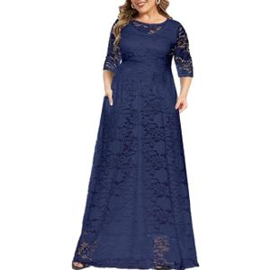 MAYFASEY Women's Plus Size Floral Lace Wedding Dress 3 4 Sleeve Bridesmaid Evening Party Long Maxi Dresses with Pockets (B-navy Blue)