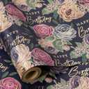 RUSPEPA Birthday Wrapping Paper for Women, 17 in x 16.4 ft, Mini Roll, Vintage Flower Wrapping Paper, Royal Blue Flower Kraft Gift Paper, Happy Birthday Pattern Great for Mother, Party and Holiday