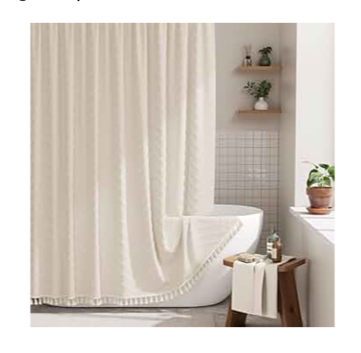 AmazerBath Boho Farmhouse Shower Curtain with Tassels, Beige Shower Curtain Set Fabric, Soft Cloth Chevron Rustic Shower Curtain with Hooks, Hotel Quality, 72x72 Inches