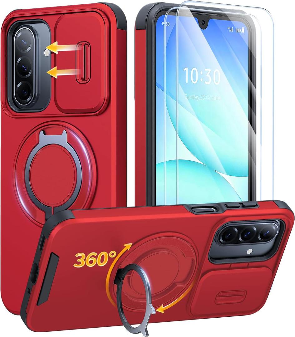 JAME for Samsung Galaxy A17/A16 5G Case, Ring Holder Stand, Slide Camera Cover, 2 Pack Screen Protectors, Dual-Layer Shockproof Protective, Magnetic Accessory Friendly Galaxy A16/A17 4G Case, Red