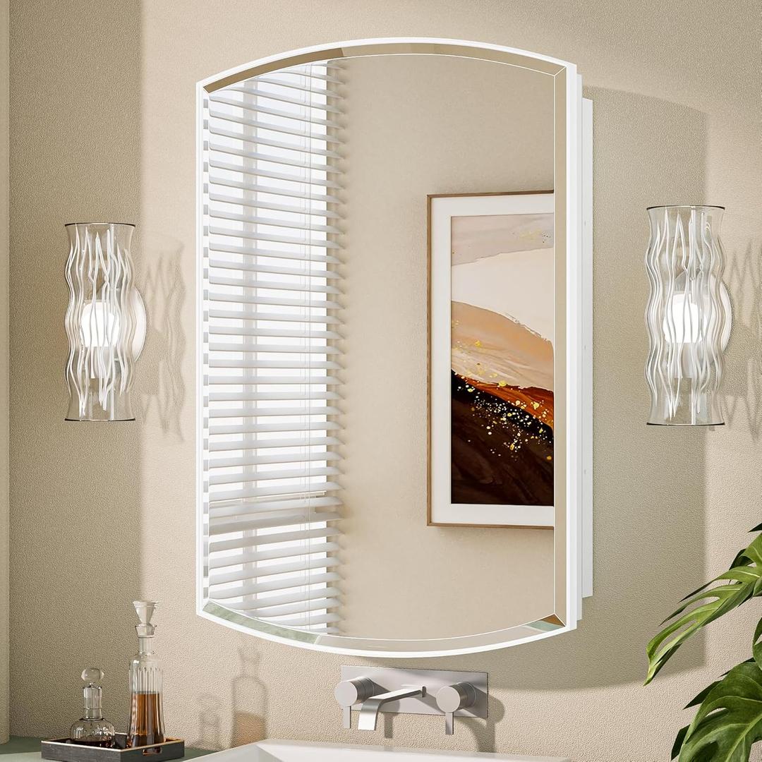 Keonjinn White Medicine Cabinet with Mirror 20” x 30”, Metal Framed Wall Cabinet with Beveled Mirror, Surface Mount or Recessed Medicine Cabinet for Bathroom, Bathroom Mirror with Storage