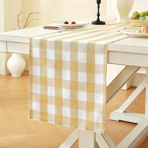 Laolitou Yellow Checkered Table Runner, Cotton Linen Gingham Table Runners, Classic Buffalo Plaid Farmhouse Table Decor, 13x90 Inches