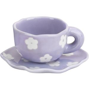 Koythin Ceramic Coffee Mug with Saucer Set, Cute Creative Cup Unique Irregular Saucer Design for Office and Home, 6 oz/180 ml for Latte Tea Milk (Purple Flower)