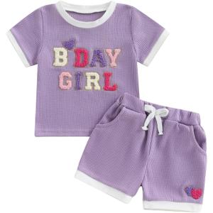 Kayotuas Toddler Baby Girl Summer Clothes 3D Flower Bow Short Sleeve T Shirt Tops Shorts 2Pcs Set Cute Infant Waffle Outfits (Purple)