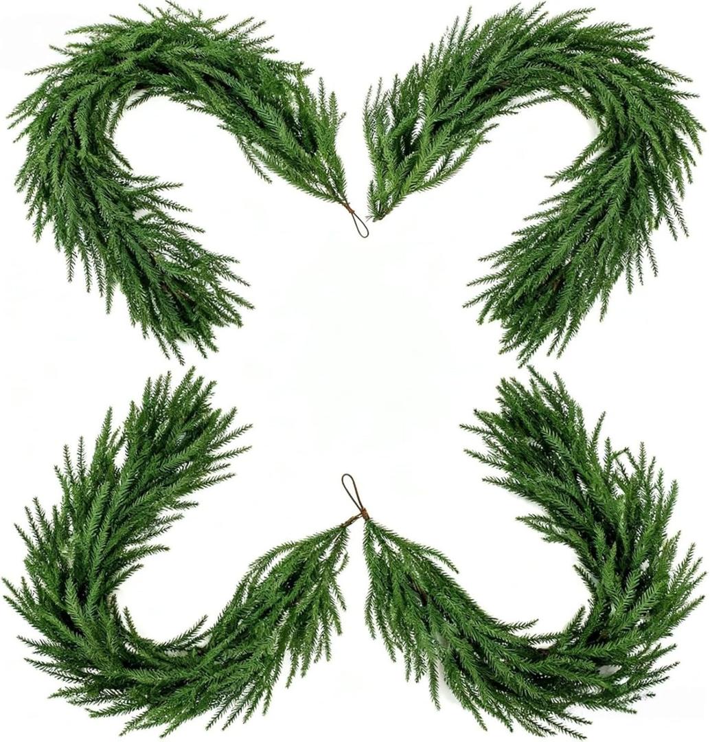 4 Pcs 6 Ft Christmas Artificial Norfolk Pine Garlands, Real Touch Winter Pine Garland, Green Artificial Greenery Garland for Mantle, Table, Wall, Fireplace, Indoor &Outdoor Holiday Decorations
