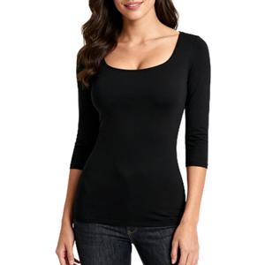 Women's 3/4 Sleeve Tops Square Neck Soft Stretch Slim Fit Tee Shirts (Large, Black)