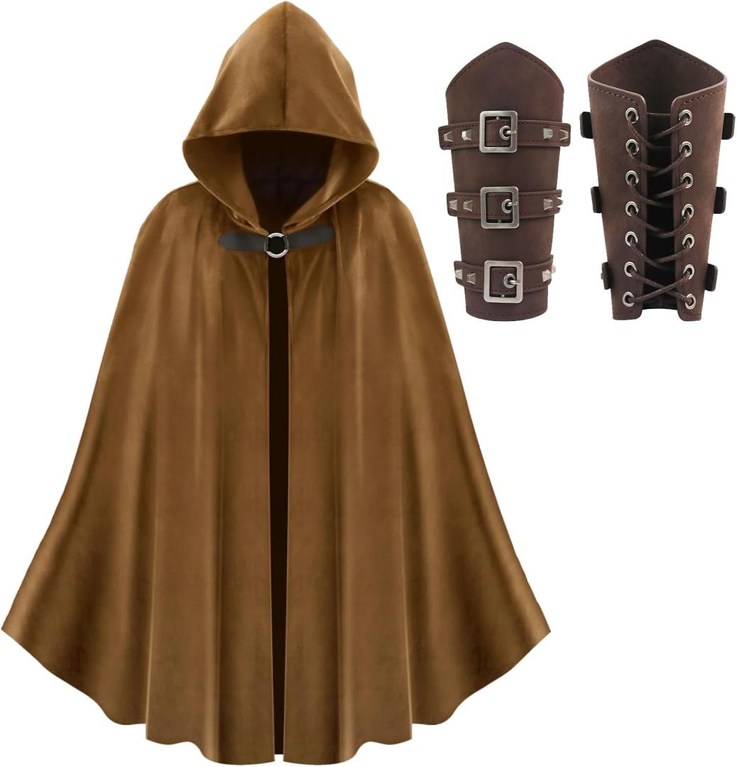 HyperFun Renaissance Hooded Cape Medieval Cloak with Leather Bracers Accessories for Wizard Witch Halloween Men Women (Brown)