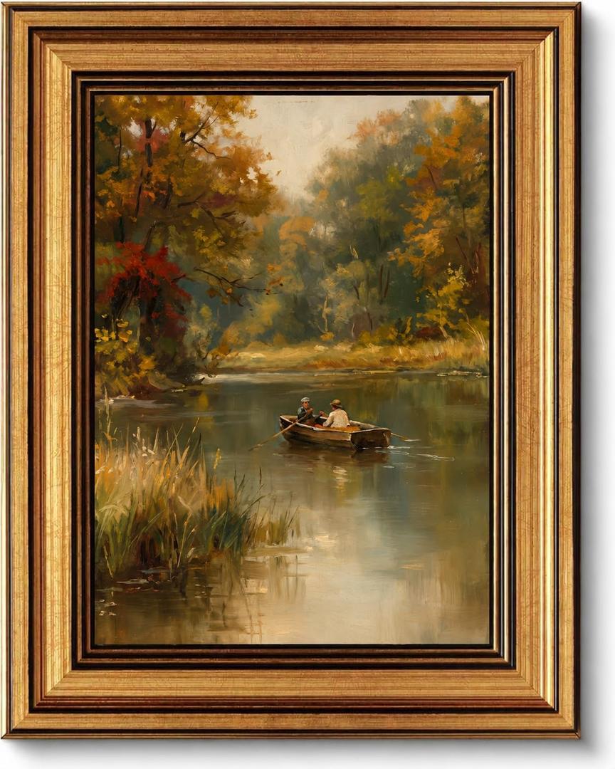 Vintage Gold Framed Autumn River Boat Canvas Wall Art, Impressionist Oil Painting Style Wall Decor, Landscape Picture Poster Print Artwork, Classic Scenery Art for Living Room Bedroom Home Decoration, 11"L x 9"W