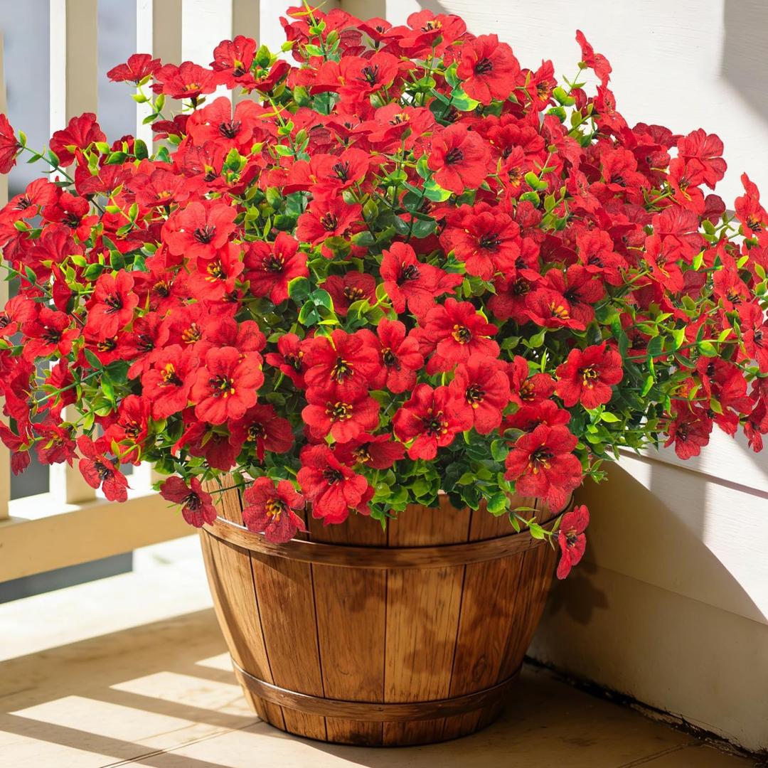 Grunyia 20 Bundles Artificial Flowers for Outdoors, UV Resistant Fake Plants Flowers Greenery Shrubs Plants for Decoration Outside Plants Hanging Planter Home Garden Decor (Red)
