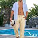 Runcati Mens Casual Pants Drawstring Elastic Waist Lightweight Cropped Linen Pants Summer Yoga Beach Trousers (Small, Beige)