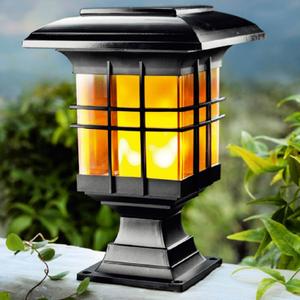 Solar Post Lights Outdoor Lighting, Waterproof Rainproof Flickering Flame Light for Fence, Black Post Top Solar Powered Light with Flickering Flame for Garden Outside, (Size:Base Mounted)