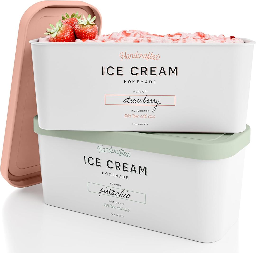ZICOTO Set of 2 Reusable Ice Cream Tub Containers 2 Quart Each - Perfect for Homemade Sorbet, Frozen Yogurt Or Gelato - Stackable Storage Containers, Stickers And Lids Stores Easily In Freezer
