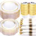 NOCCUR 50Guest Gold Rim Clear Plastic Plates&Disposable Silverware Cups-Include 100Plastic Plates, 150Gold Utensils, 50Cups and 50Napkins-Idea for Wedding/Party