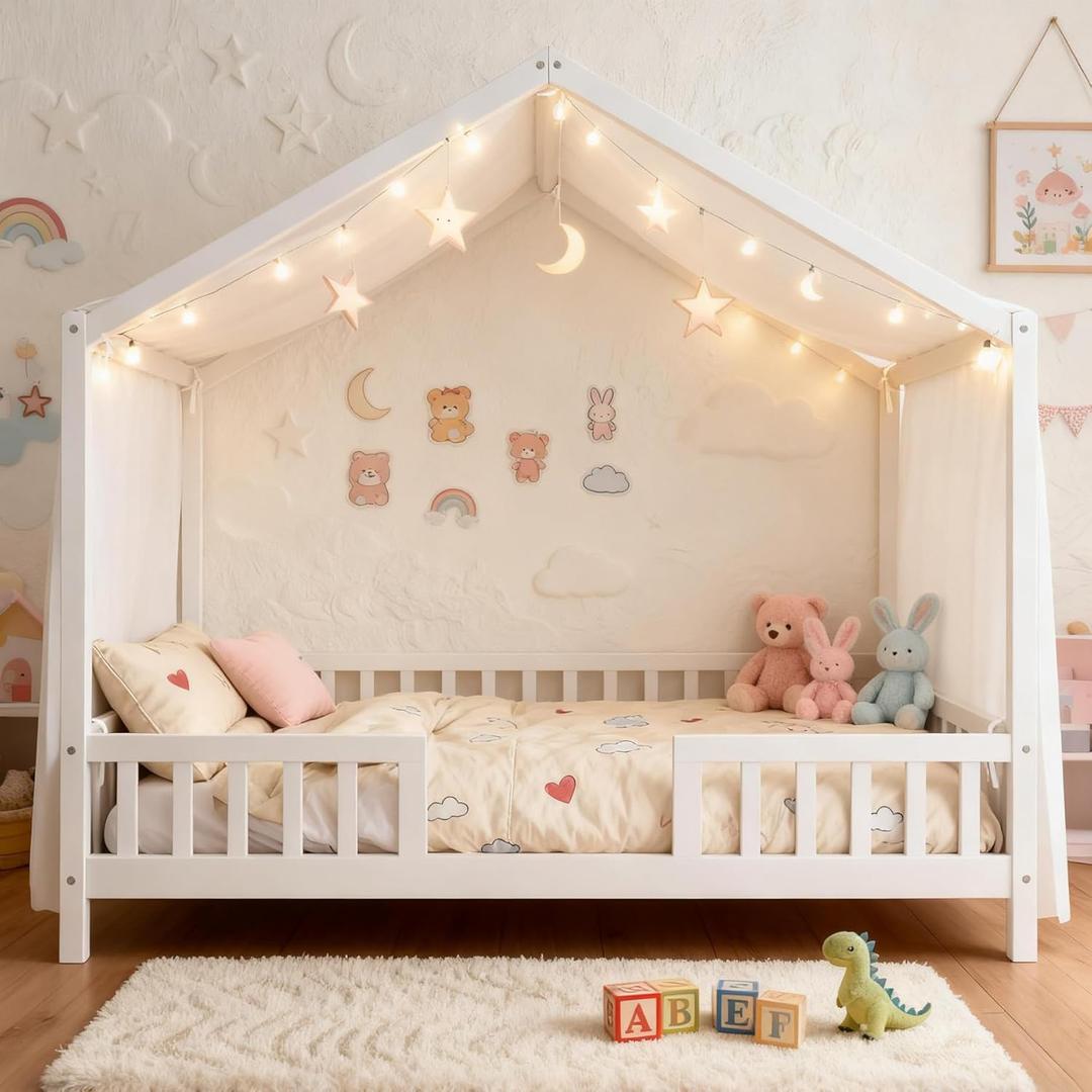 Ball & Cast Full Size Montessori Toddler Floor Bed with Canopy and Roof,Wooden House Beds Frame for Kids,Montessori Floor Bed Frame for Girls Boys,Bedroom,Playroom,No Box Spring Needed,White