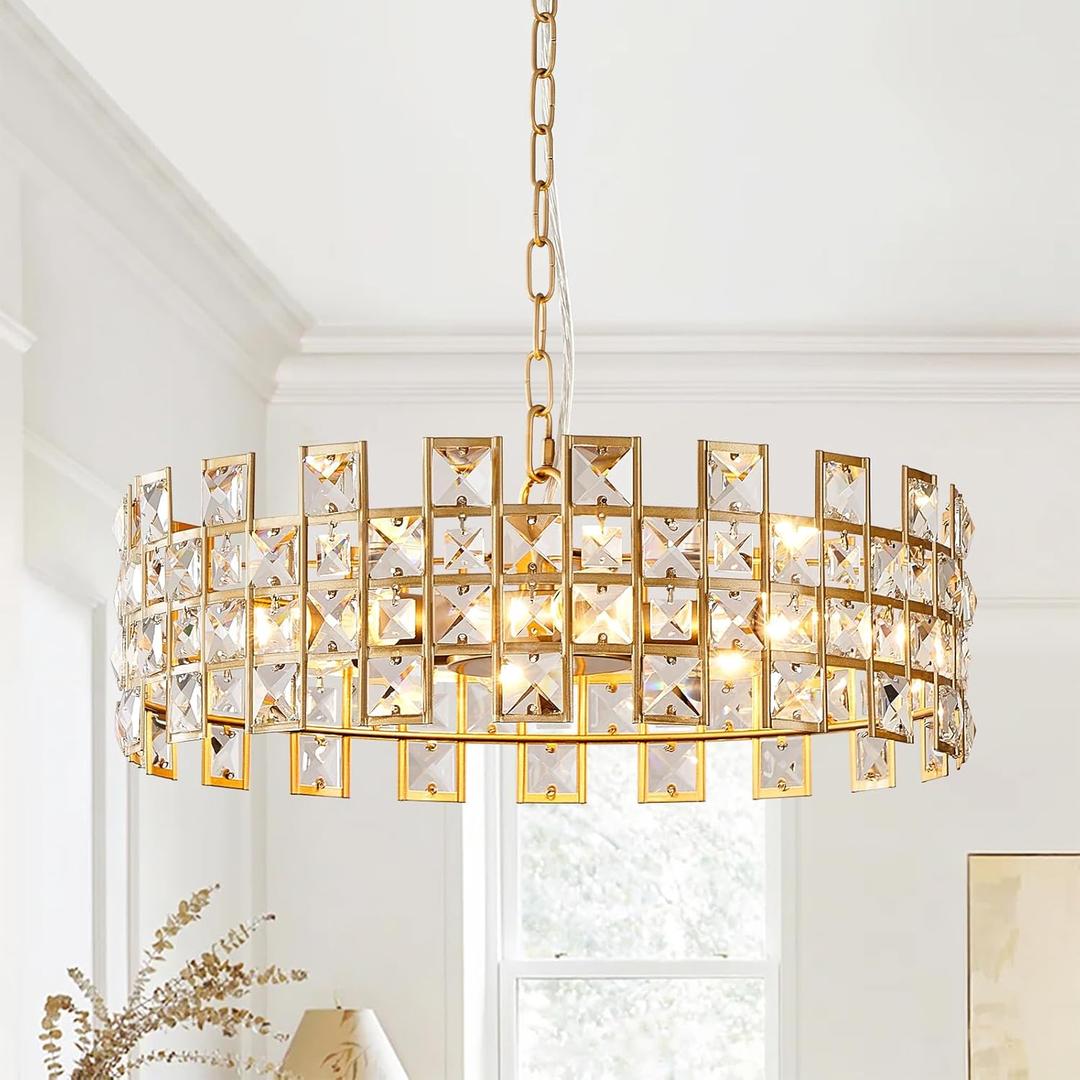 Modern Crystal Chandelier 8-Light Gold Semi Flush Mount Ceiling Light Fixture 18" Round Crystal Pendant Light for Dining Room Entryway Hallway Kitchen Island