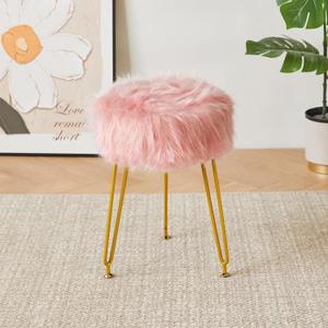 IBUYKE Faux Fur Vanity Stool Chair, Furry Makeup Stool Ottoman, Soft Padded Seat, Round Footrest Footstools with 4 Metal Legs, for Living Room Bedroom Entryway, Pink LG-32P