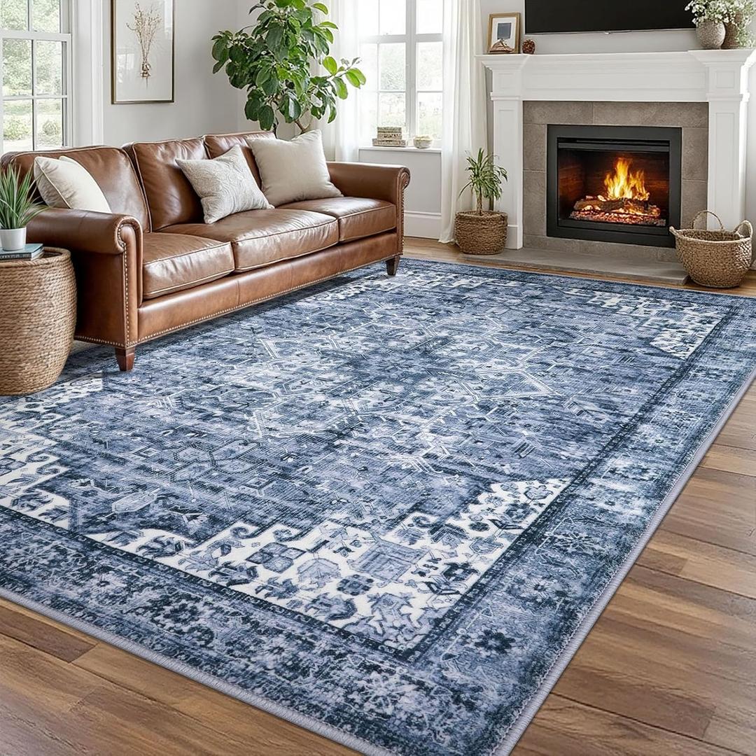 8x10 Oriental Area Rug Blue, Vintage Floral Large Washable Printed Rug for Living Room Non-Slip Ultra Soft Bedroom Rug Tribal Traditional Farmhouse Carpet for Dining Room Office Home Dcor