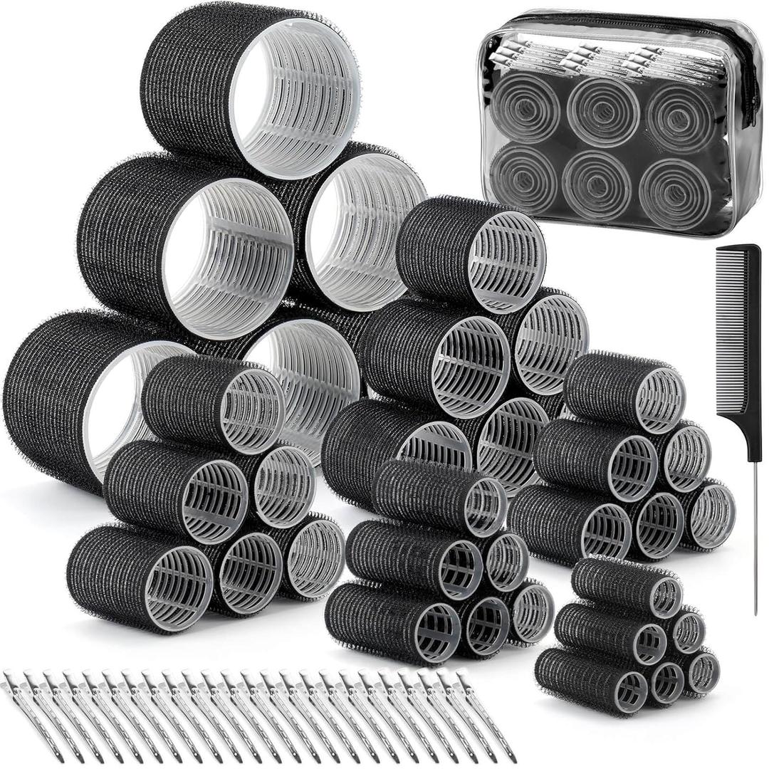 6 Size Hair Rollers for Women, 62 Pcs Rollers Hair Curlers for Long Medium Short Hair, Large Medium Small Self Grip Hair Rollers with 36 Rollers 24 Stainless steel Clips 1 Storage Bag (Black)