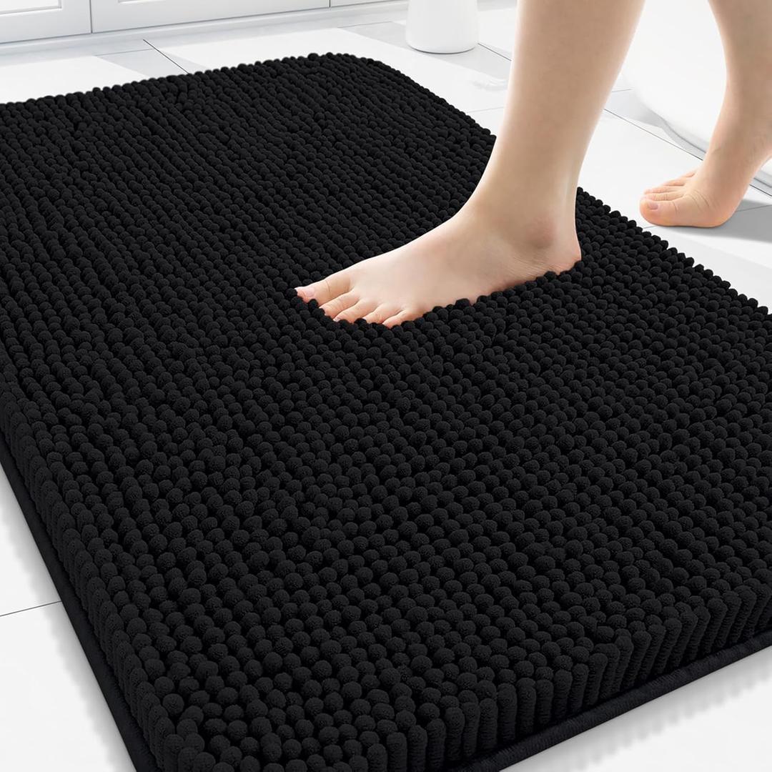 Arotive Bathroom Rugs 30x20, Extra Soft Absorbent Shaggy Chenille Bath Rugs, Machine Washable Rubber Backing Non-Slip Bath Mats for Bathroom Floor Tub and Shower, Home Decor Accessories, Black