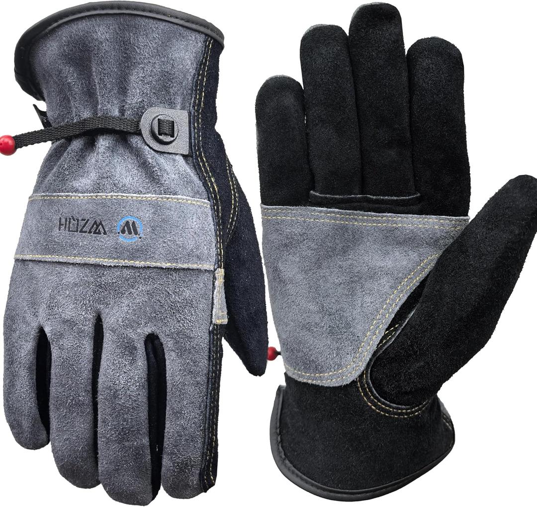WZQH Leather Work Gloves for Men or Women, Large Glove for Gardening, Tig/Mig Welding, Construction, Chainsaw, Farm, Ranch, etc. Cowhide, Cotton Lined, Utility, Firm Grip, Durable. Grey-Black L