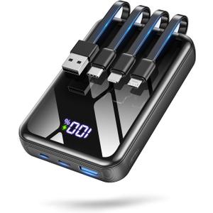 Portable Charger Power Bank 50000mAh, 22.5W Fast Charging Portable Charger with Built-in Cables, Travel Camping 4 Outputs External Battery Pack, LED Display for iPhone, Android, iPad, Black