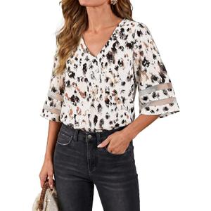 LookbookStore Women's V Neck Mesh Panel Blouse 3/4 Bell Sleeve Loose Top Shirt (White, XXL)