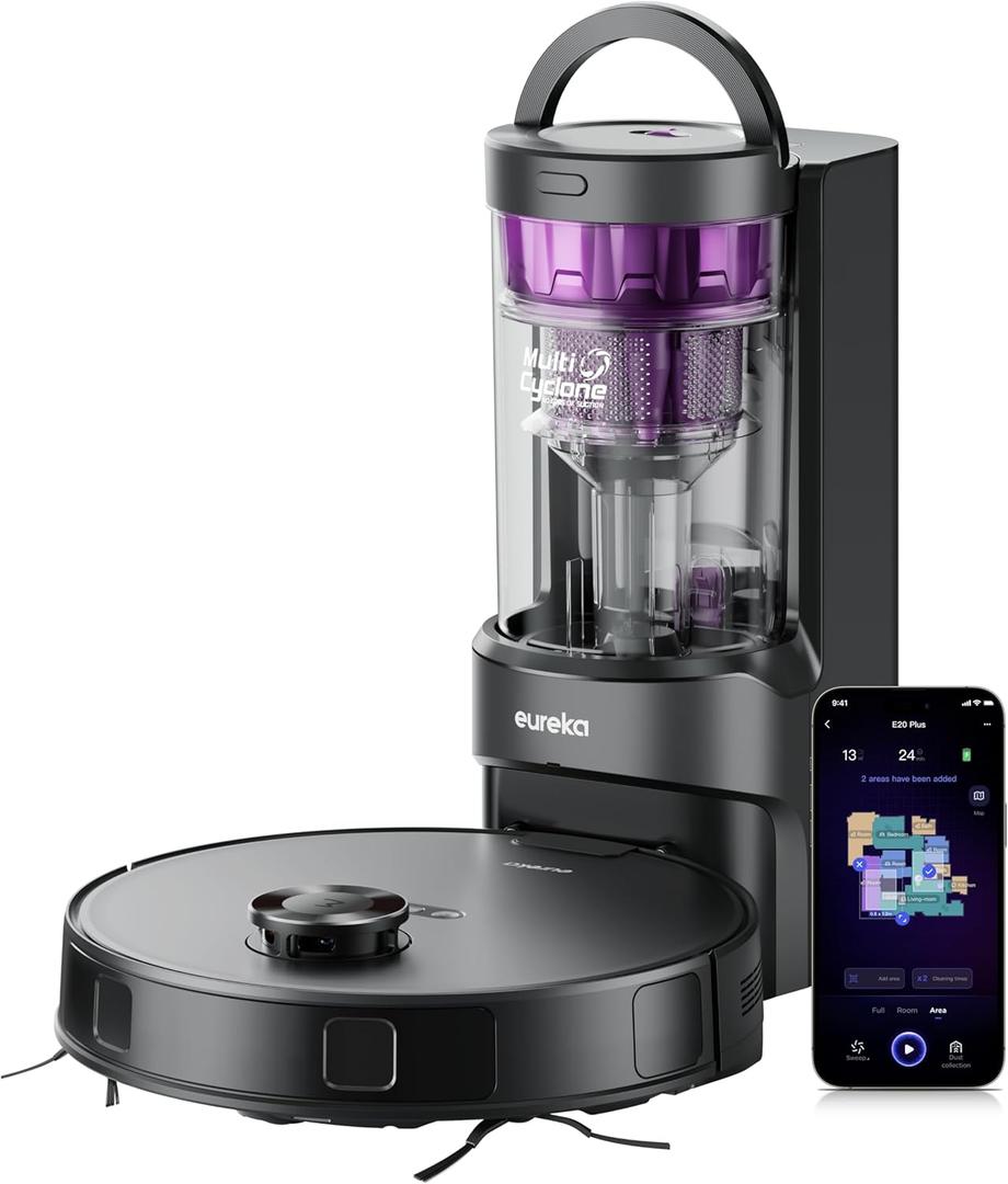 Eureka E20 Plus Robot Vacuum with Bagless Self Emptying Station, Robotic Vacuum and Mop Combo, 45-Day Capacity, Upgraded 8000Pa Suction and Anti Hair-Tangling Brush, LiDAR Navigation, App Control (Black)