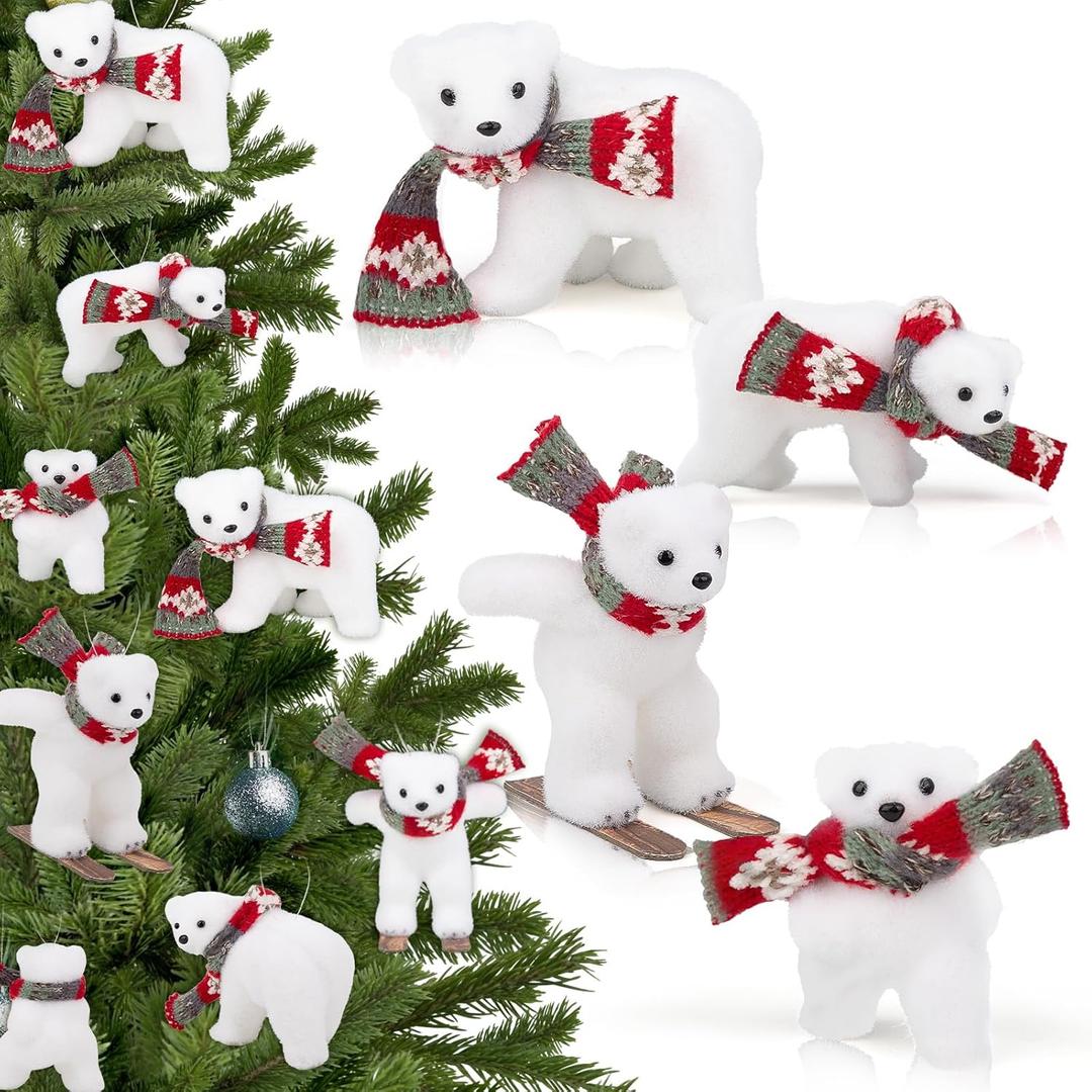 4 Pcs Polar Bear Christmas Decorations White Flocked Animal Christmas Ornaments with Scarf, Animal Ornaments for Christmas Tree Holiday Home Decor Gift