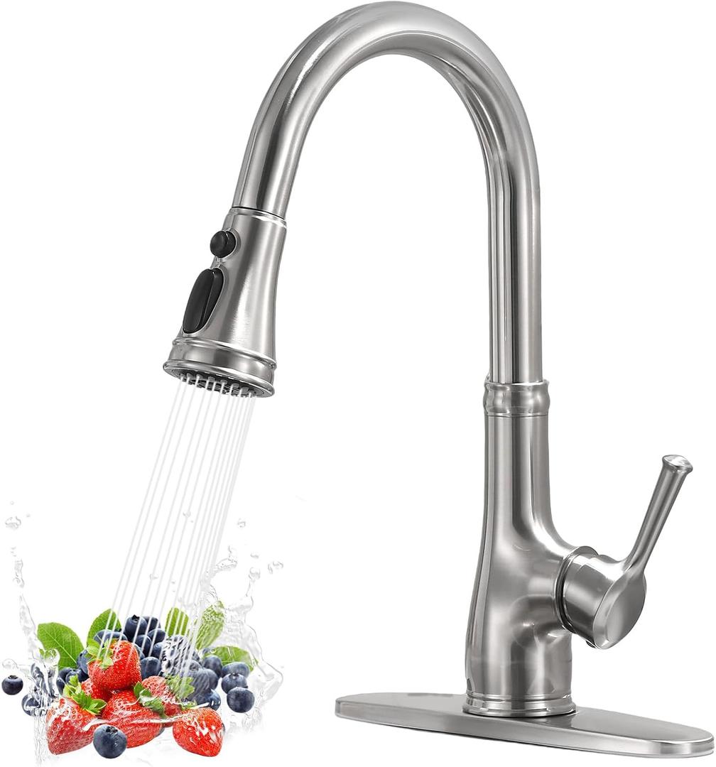 WEWE Vintage Kitchen Faucet with Pull Down Sprayer, Stainless Steel 1 or 3 Hole High Arc Single Handle Antique Sink Faucet for Classic Modern Ktichen, Brushed Nickel Bar & Prep Sinks