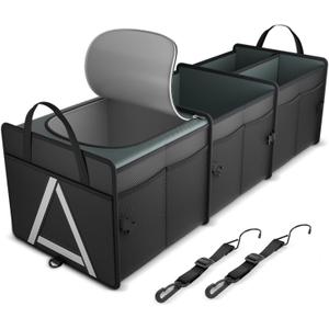 K KNODEL Sturdy Car Trunk Organizer with Premium Insulation Cooler Bag, Heavy Duty Collapsible for Car, SUV, Truck, or Van (3 Compartments, Black)